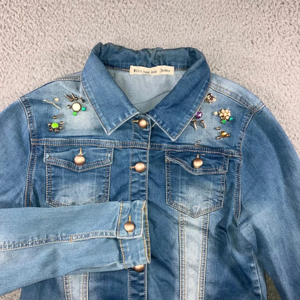 Embellished Beaded Denim Jacket Womens XL Blue Y2K indie Boho Chic Statement